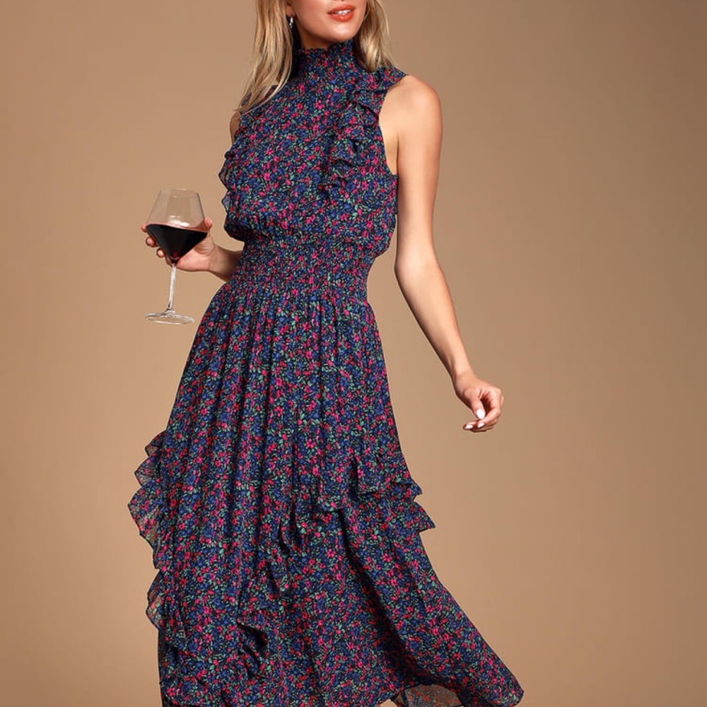 Lulus Evalina Navy Blue Floral Print Mock Neck Midi Dress